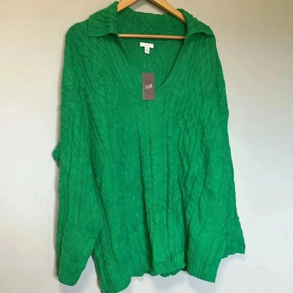 NWT J. Jill meadow green cable  knit cotton blend sweater - Picture 2 of 6